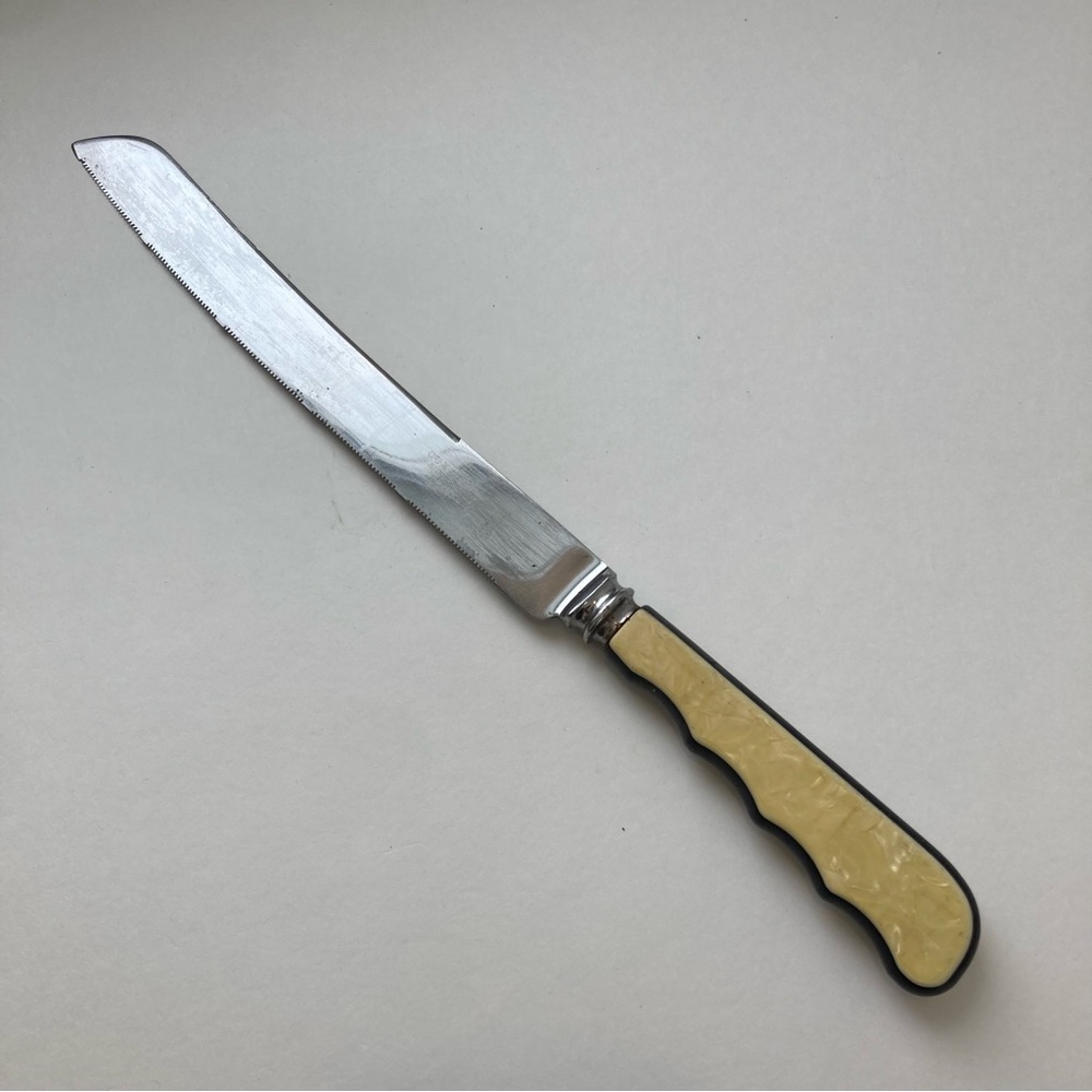 Vintage Knife with Nacre-like and Black Handle Retro Vibe Kitchen Decor Table
